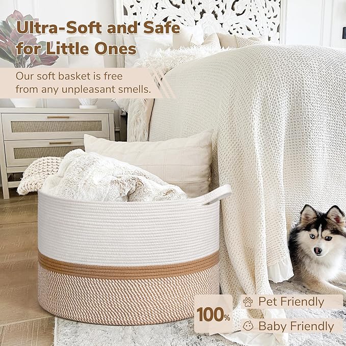 INDRESSME XXXLarge Woven Rope Blanket Basket Living Room White Camel, 90L - Image 6