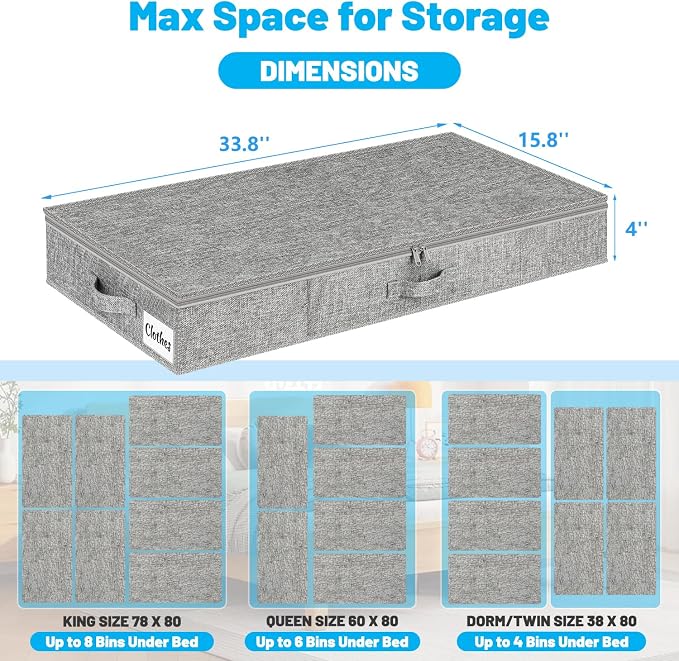 Under Bed Storage Container Bins 2 Pack, 4 Inch Thin Low Profile Underbed Clothes Storage Organizer for Dorm & Home, Use for Blanket and Toy Storage Box W/ Sturdy Bottom/Sides, Foldable Thick Fabric - Image 4