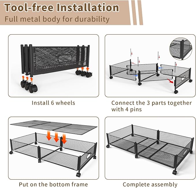 Under Bed Storage on Wheels, Upgraded 31.5 inch Large Rolling Under Bed Storage, Metal Foldable Underbed Drawers Organizer Tool-free Assembly Underbed Shoes Clothes Organize - Image 8