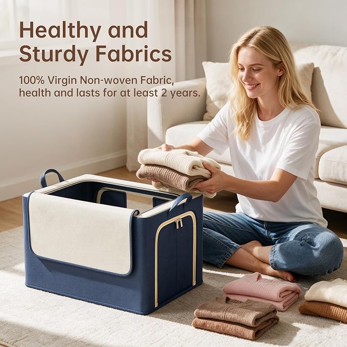 3 Openings Clothes Storage Bins with Metal Frame，100L (navy blue) - Image 4