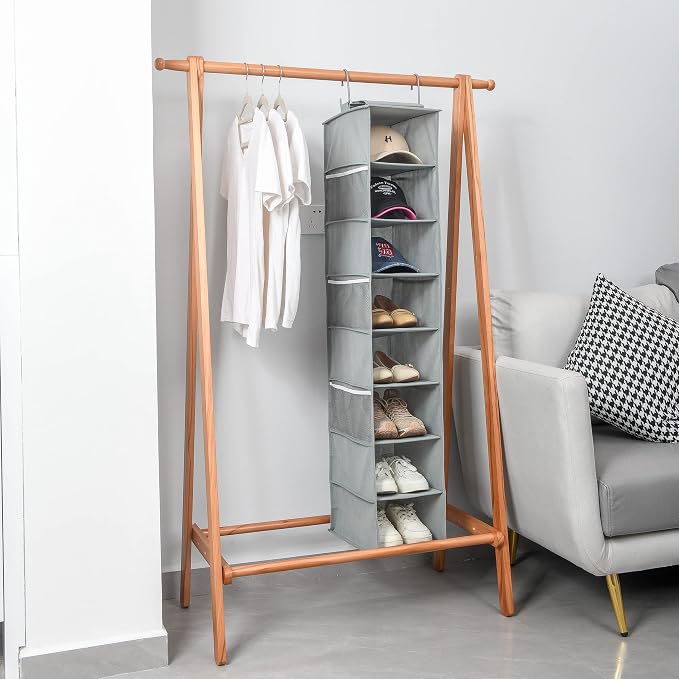 Berdeng Hanging Shoe Organizer for Closet with Side Mesh Pockets，Hat Racks for Baseball Caps，Shoe and Hat Holder & Storage，8-Shelf，Gray，2 Pack - Image 5