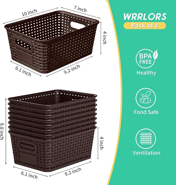 8 Pack Plastic Storage Baskets,Brown Stackable Bins with Lid - Image 3
