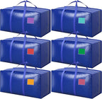 6 Pack Moving Bags with Full-Open Side Zipper, Extra Large 93L Heavy Duty Waterproof Foldable Storage Totes for College Dorm, Moving & Home Organization,Blue by RMOHRO