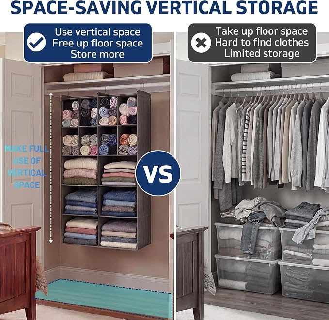 5 Tier Hanging Closet Organizer, 14 Compartments Dual Row Storage, Grey | Closet Organizers and Storage with Large & Small Pockets, 3 Sturdy Hooks Support Heavy Loads, Ideal for Dorm, Garment Rack - Image 5