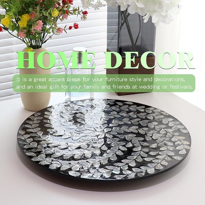 13.8" Mother of Pearl Lazy Susan Turnable Organizer, 360 Degree Round Table Countertop Decorative Spinning Tray for Kitchen Cabinet Counter Spice Pantry Dinner Table (Black Wicker) - Image 4