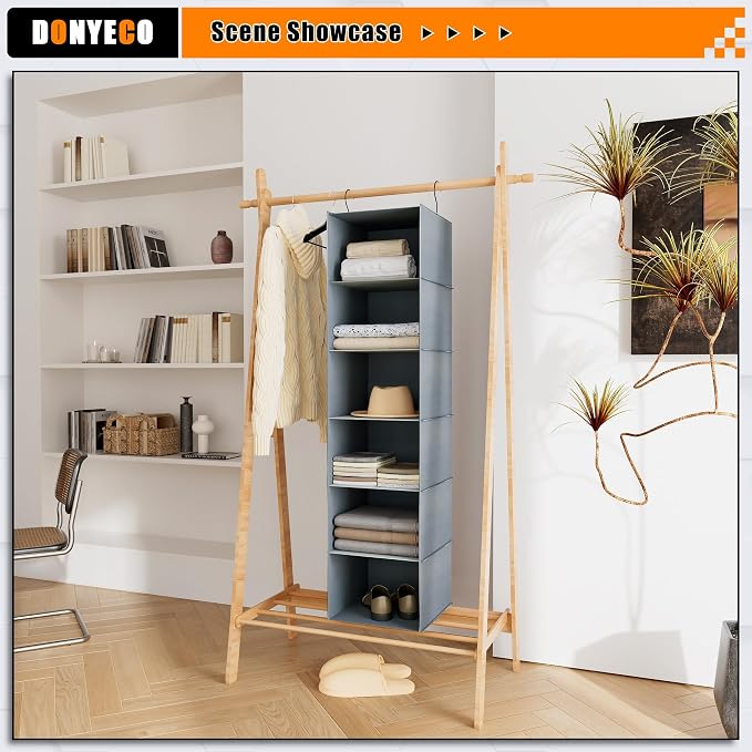 Hanging Closet Organizer 6-Shelf, Oxford Fabric Wardrobe Storage, Gray | Easy-mount foldable design holds clothes, handbags, shoes & accessories; washable Oxford fabric, sturdy and space-saving. - Image 6