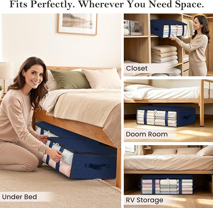 StorageRight Under Bed Storage Bags, 10 Pack, 40L, Blue | Breathable Non-Woven Fabric with a Clear Window and Zippered Top for Clothes, Comforters, Blankets and Seasonal Storage - Image 6