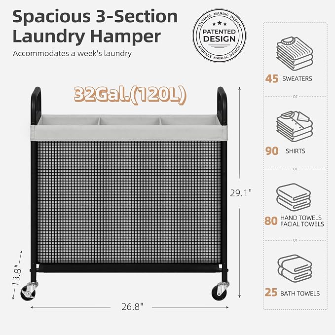 STORAGE MANIAC Rolling Laundry Hamper with Wheels 3-Section Laundry Sorter Rolling Laundrys Basket on Wheels with Removable Bag Clothes Hamper Laundrys Organizer Cart Bathroom Bedroom 120L Grey - Image 3