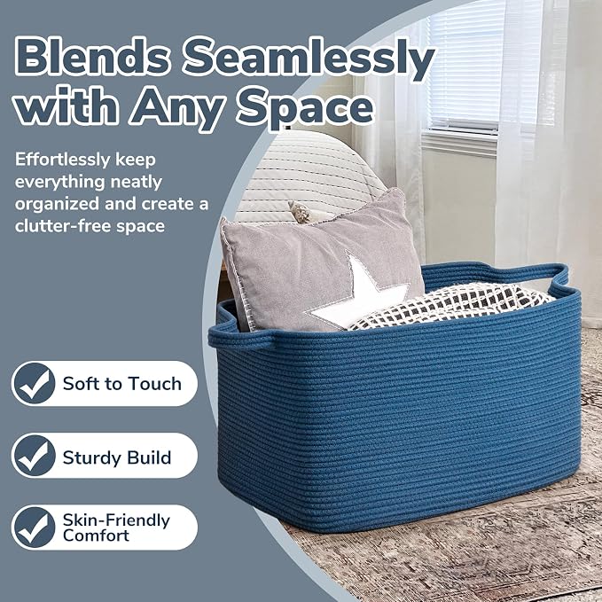Goodpick Large Woven Rope Blanket Basket, Rectangle, Dark Blue - Image 5
