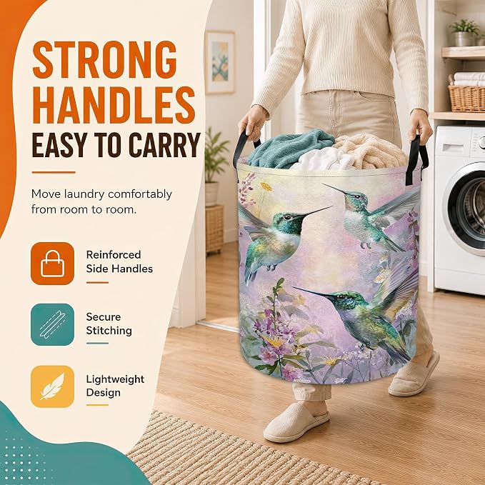 Hummingbird Laundry Basket with Handles,Purple Flower Foldable Oxford Laundry Hamper,Collapsible Clothes Storage Basket for Laundry Room/Bathroom/Bedroom/Dormitories 20.8 x 16 Inches - Image 5