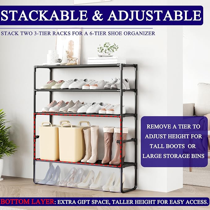 Long Shoe Rack, 3-Tier Stackable Shoe Organizer for Closet, Entryway, Hallway, Extra Bottom Layer, Holds 16-20 Pairs, Sturdy & Durable Waterproof Fabric Shelf, Space-Saving,Black(35.8" Wide) - Image 5