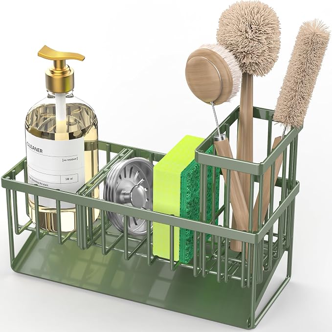 Cisily Kitchen Sink Caddy, Sponge Holder for Kitchen Sink, Kitchen Sink Organzier and Storage with High Brush Holder, 304 Stainless Gadgets Sink Accessories, Organizadores de Cocina Sage Green - Image 7