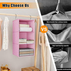 Hanging Closet Organizer 3-Shelf, Oxford Fabric Wardrobe Storage, Pink | Easy-mount foldable design holds clothes, handbags, shoes & accessories; washable Oxford fabric, sturdy and space-saving. - Image 8