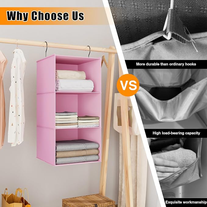 Hanging Closet Organizer 3-Shelf, Oxford Fabric Wardrobe Storage, Pink | Easy-mount foldable design holds clothes, handbags, shoes & accessories; washable Oxford fabric, sturdy and space-saving. - Image 8