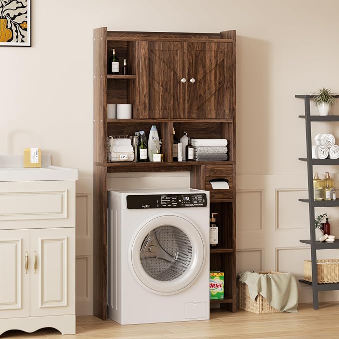 Shintenchi Over the Toilet Storage Cabinet, Bathroom Storage Cabient with Barn Doors, Bathroom Storage Shelf Organizer with Toilet Paper Holder, Adjustable Shelf and Anti-Tip Device, Walnut - Image 3