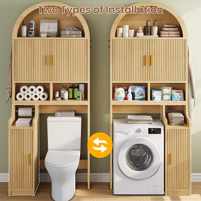 Itaar Arched Over The Toilet Storage Cabinet, 78.7" H Fluted Bathroom Organizer with Reversible Side Cabinet, Adjustable Shelves, Anti-Tipping, Hooks & Paper Holder for Bathroom Laundry Room, Oak - Image 5