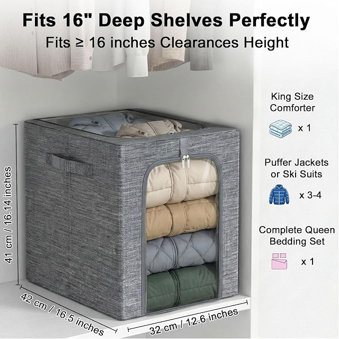GoMaihe Blanket Storage Bins with Metal Frame for Closet, 55L 4-Pack Grey - Image 3