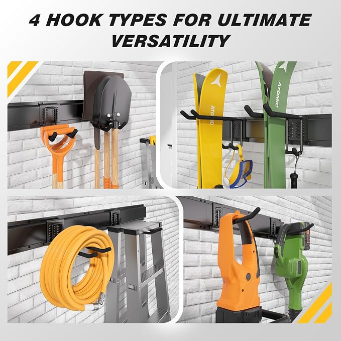 99 Inches Garage Storage, UUP Garage Organization, Wall Mount Garden Tool Organizer, Max 1000lbs Adjustable Metal Hook, Yard Shed Hanging Utility Rack, Heavy Duty Shelving for Rake Broom Mop Snowboard - Image 6