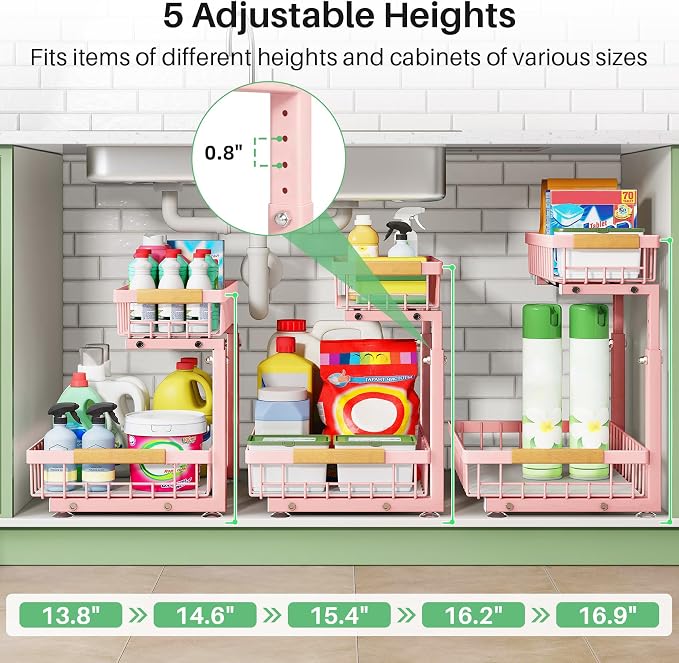 Kitstorack Under Sink Organizer, 2 Tier Under the Sink Storage, Slide out Pull out Cabinet Organizer Shelf, Metal Sliding Drawer for Kitchen Bathroom Pantry Closet Organization Rack, Pink, 1 Pack - Image 4