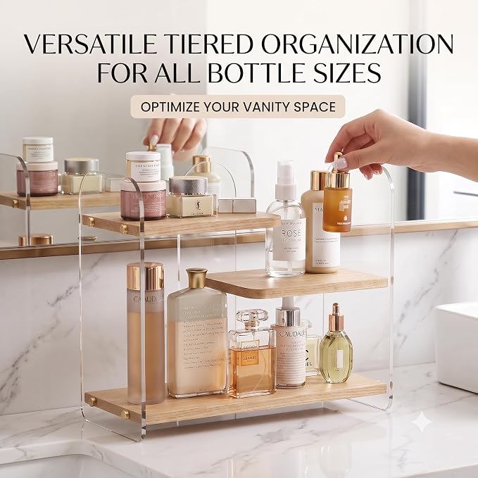3-Tier Acrylic & Wood Bathroom Vanity Countertop Organizer Shelf - Image 3
