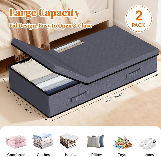 StoreHappily Under Bed Storage Containers with Lids, 2 Pack Foldable Grey - Image 2