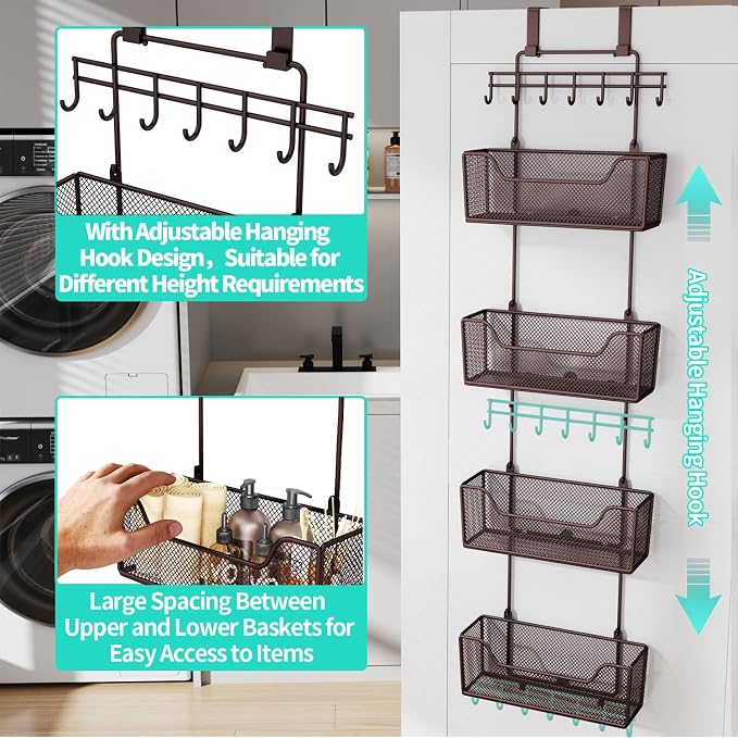 HapiRm Over The Door Organizer - Hanging Door Organizer with 4 Metal Large Capacity Baskets and Adjustable Coat Hook for Bathroom Bedroom Kitchen Pantry Closet Cabinet - Image 7