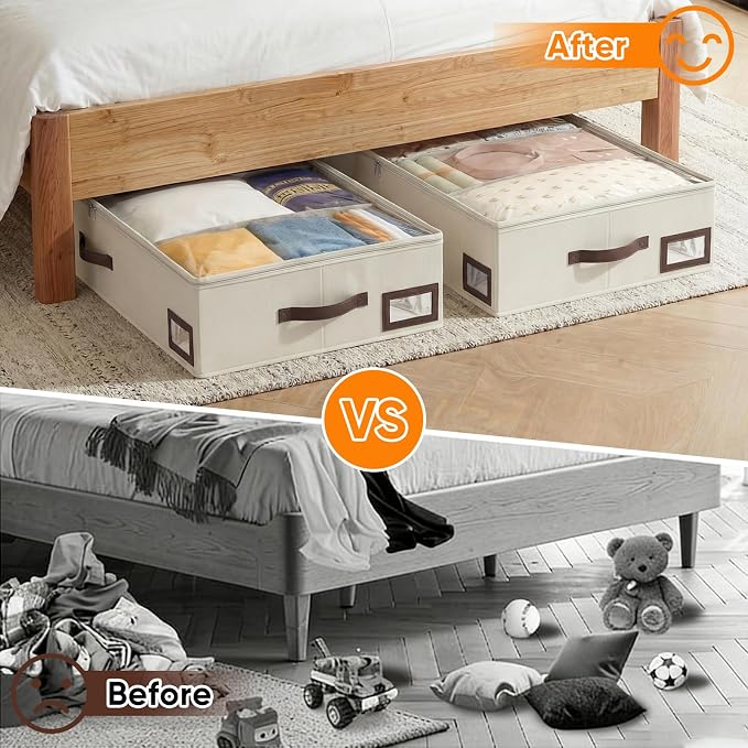 OIAHOMY 2 Pack 53L Under Bed Storage with Adjustable Dividers, 6" Low Profile Underbed Storage Bins for Comforters & Clothes, Save Closet Space with Clear View Lid & Reinforced Handles, Beige - Image 8