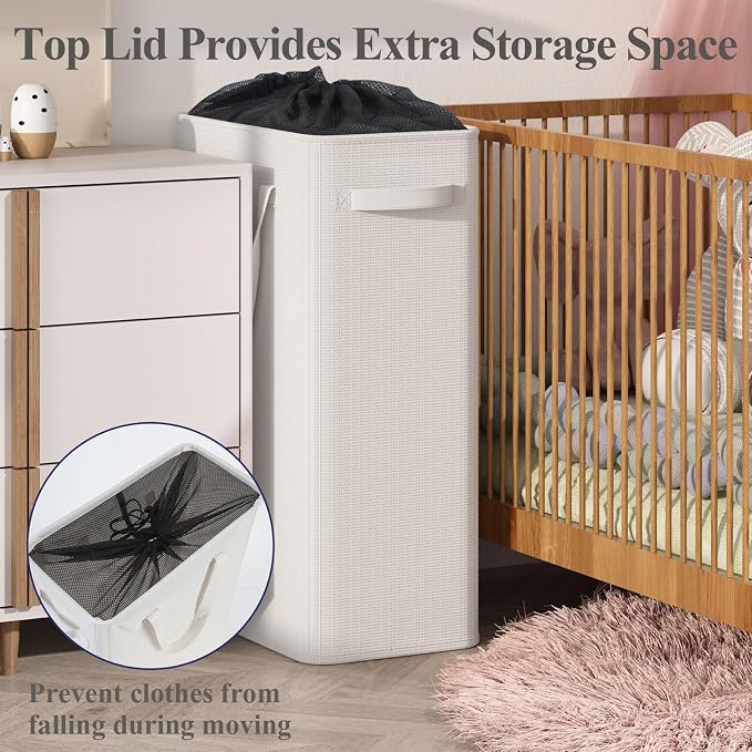 Optish 90L Slim Laundry Hamper, Baby Hamper for Nursery with Handles, Large Laundry Basket for Dorm, Bedroom, Living Room, Collapsible Laundry Basket, White - Image 4