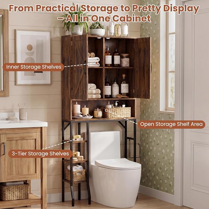 Over The Toilet Storage Cabinet,31" W Bathroom Organizer, Brown - Image 4