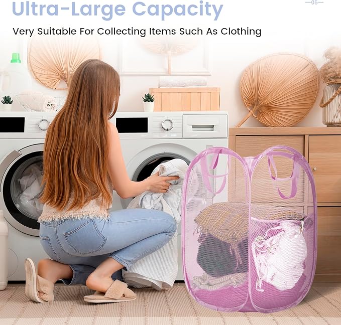HOUSE AGAIN 2Pack Strong Mesh Pop Up Laundry Hamper, 70L Collapsible Laundry Basket with Steel Frame, Double‑Stitched Handles & Side Pocket, Foldable Dirty Clothes Hamper for Dorm, Bedroom, Light Pink - Image 2