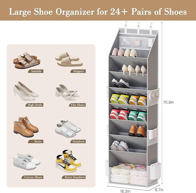 Criusia Shoe Storage, Over the Door Shoe Organizer, Hanging Closet Shoe Storage with Large Deep Pockets, Fits 16–24 Pairs of Sneakers, Sandals, Boots, Gray - Image 3