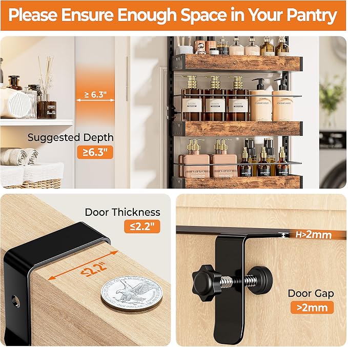 6-Tier Black Metal Door Mounted Hanging Spice Rack Shelves Over The Door Pantry Organizer with Adjustable Basket Back of Door Organizer and Storage for Kitchen with Anti-drop Rod - Image 3
