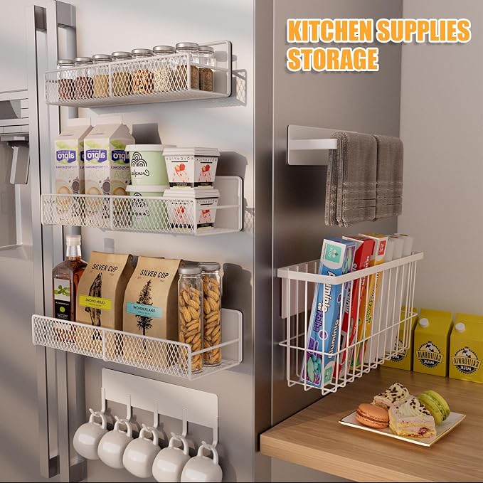 6 Pack Magnetic Shelves for Washing Machine, Magnetic Spice Rack Organizer for Refrigerator, Magnetic Shelf with Hanger Organizer, Metal Magnetic Basket, Laundry Organization and Storage, White - Image 6