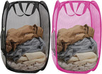 Pop Up Laundry Hamper Pack of 2 Mesh Collapsible Laudry Baskets with Side Pocket and Handles, Easy to Carry for Cruise, Home, Dorms, Laundry Room (Black+Rose red) by Aplter