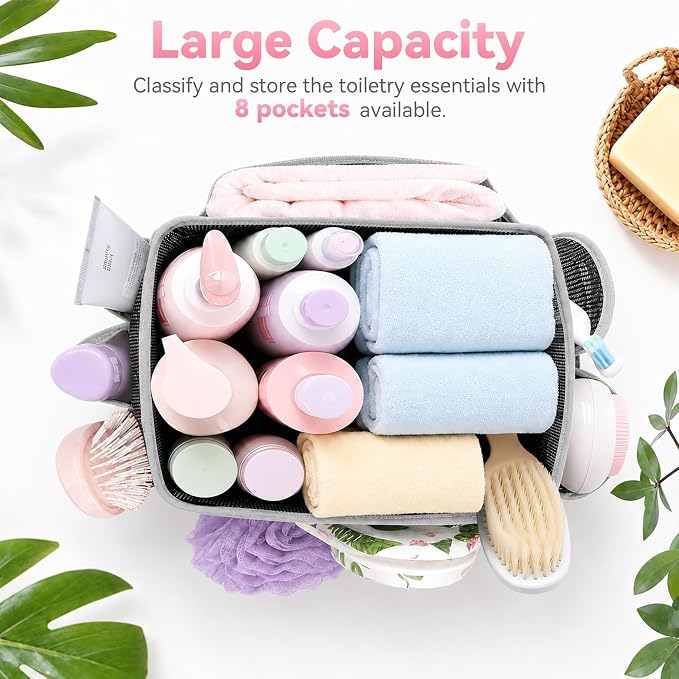 YASONIC Double Handles Mesh Shower Caddy Portable for College Dorm Essentials, 8 Pockets Large Capacity Shower Organizer for Girls, Quick-Dry Hanging Toiletry Bag for Bathroom Travel, Black&Grey - Image 5