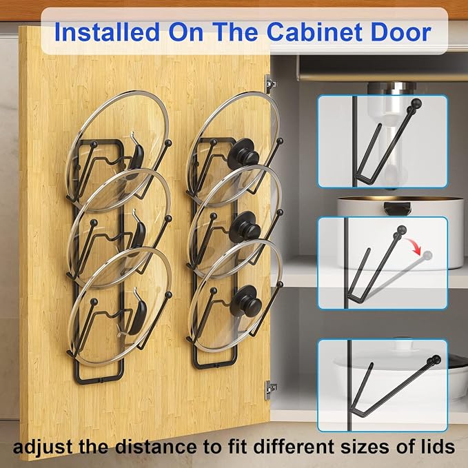 2 Pack Pot Lid Organizer for Cabinet, 2 in 1 Wall Mount & Adhesive Pot Lid Holder Rack for Kitchen Storage 6 Tier Pan Lid Organizer for Easy & Tidy Kitchen Organization - Image 4