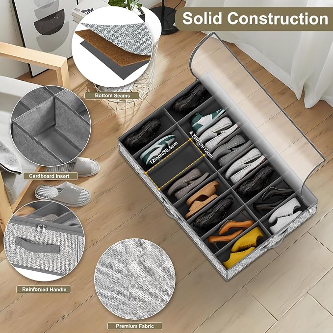 homyfort 32 Pairs Shoe Organizer Under Bed, Underbed Shoe Storage Boxes Bins, Organizador De Zapatos, Extra Large Zapateras Organizer, Grey, Set of 2 - Image 3