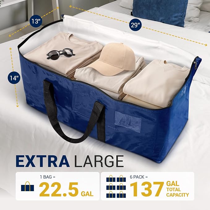 Reli. Moving Bags Heavy Duty (6 Pack) Blue, Extra Large Totes | for Storage & Packing | Small Space & Dorm Room Essentials | Packing Bags w/ Handles & Zippers | Alternative to Moving Boxes - Image 2