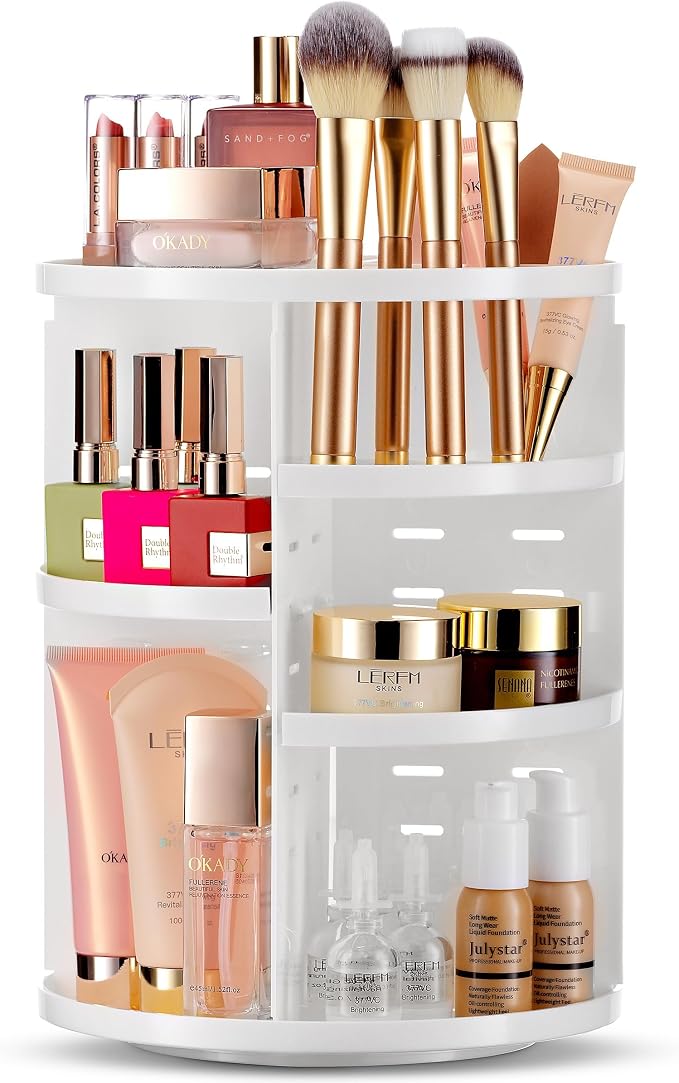 Masirs 360 Rotating Makeup Organizer Countertop, Adjustable Shelf, White by Masirs