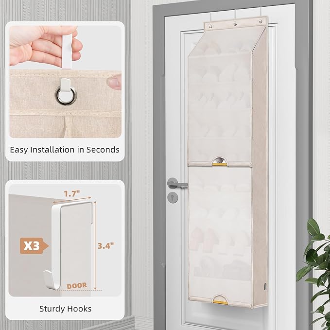 STORAGE MANIAC Over the Door Shoe Organizer with Curtain Dustproof Heavy-Duty Large Deep Pocket Hanging Shoe Organizer for Closet Dorm & Narrow Door Storage Shoe Holder Shoe Rack, 9-Shelf Beige 1 Pack - Image 3