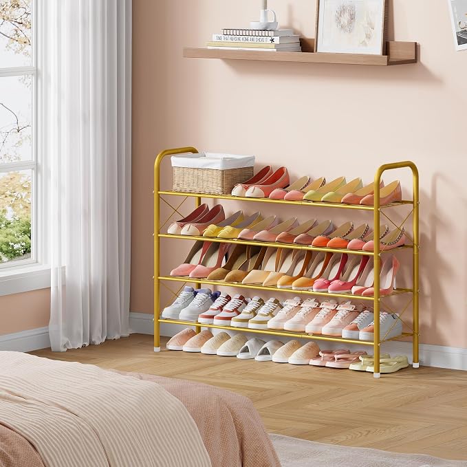 Hoctieon 4 Tier Mesh Style Shoe Rack, Entryway Shoe Shelf, Shoe Storage Organizer, Shoe Rack for Closet, Space Save for Bathroom, Garage, Hallway, Bedroom, Living Room, Gold - Image 5
