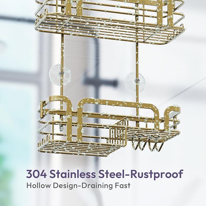 SWTYMIKI Shower Caddy Hanging Organizer - Over the Door Shower Caddy with Soap Holder, 11 Hooks, 2 Installation Ways, Stainless Steel Rustproof Bathroom Organizer, Gold - Image 5