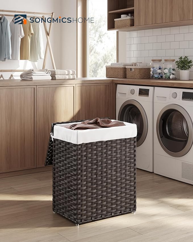 SONGMICS HOME Laundry Hamper with Lid, Clothes Basket with Removable Liner and Handles, 23.8 Gallon, Foldable Narrow Laundry Organizer for Bathroom, Bedroom, Dark Brown - Image 2