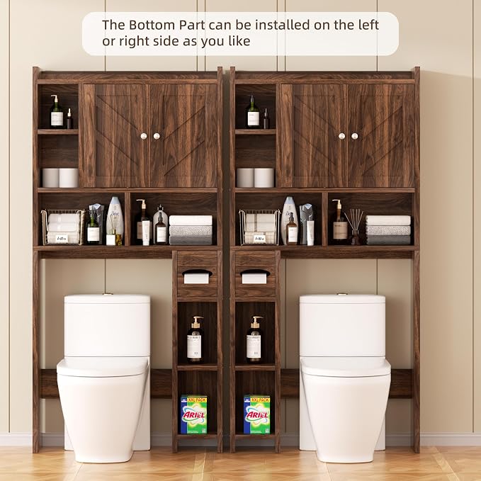 Shintenchi Over the Toilet Storage Cabinet, Bathroom Storage Cabient with Barn Doors, Bathroom Storage Shelf Organizer with Toilet Paper Holder, Adjustable Shelf and Anti-Tip Device, Walnut - Image 4
