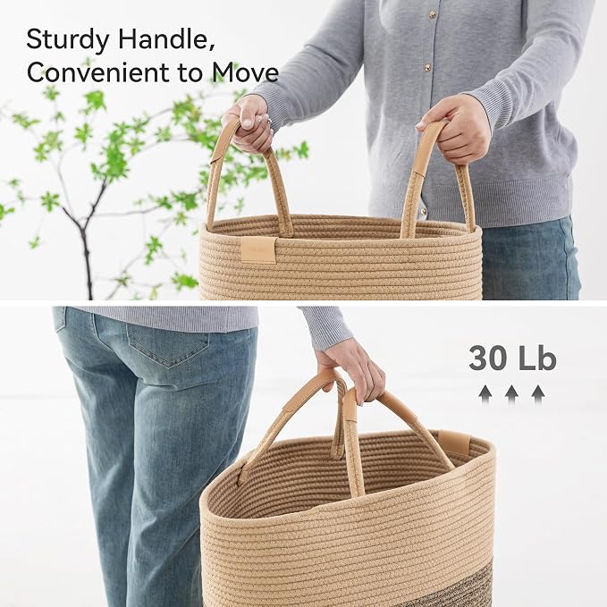 Nunsino 75L Striped Laundry Hamper with Leather Handles,Large Foldable Laundry Basket for Clothes,Cotton Rope Storage Bin for Blankets,Woven Clothes Basket for Bedroom,Dark Brown Stripes - Image 5