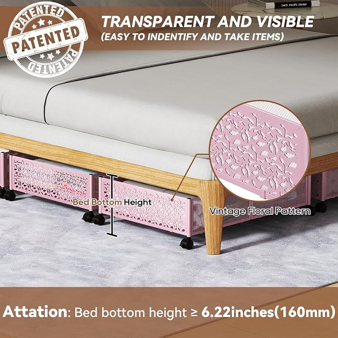 PHINOX Under Bed Storage Container with Wheels,Patterned,Metal,2 Pack,Pink | Tool-free assembly, glide smoothly, easy reach, foldable, maxmazie low-profile beds, dorm, keep seasonal clothes, shoes fresh - Image 3