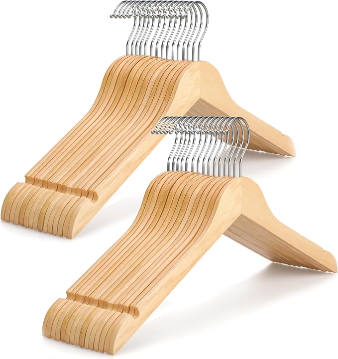 TOPIA HANGER Wooden Hangers 30 Pack, 0.28-inch Slim & Durable Clothes Hangers Space Saving, Natural Wood Hanger with 360°Swivel Hook and Non-Slip Shoulder Notches for Coat,Shirt, Camisole, Dress-CT51N by TOPIAHANGER