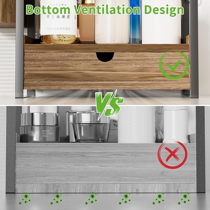 2-Tier Bathroom Counter Organizer, Wooden Vanity Shelf with Drawer & Basket - Image 7