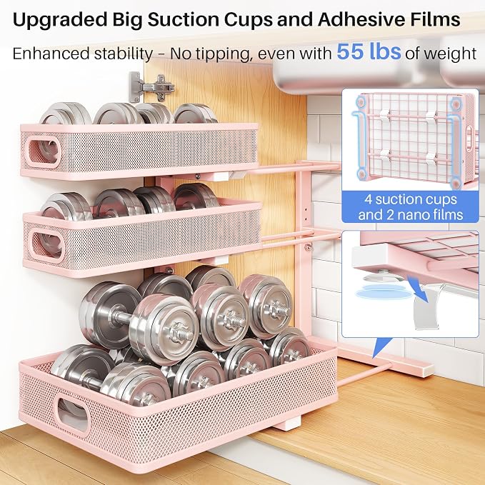 Under Sink Organizer, 3-Tier Thickened Metal Pull out Cabinet Organizer Shelf, Height Adjustable Slide out Storage Drawer Rack for Kitchen Bathroom Pantry Laundry Home Organization, 2-Pack, Pink - Image 7