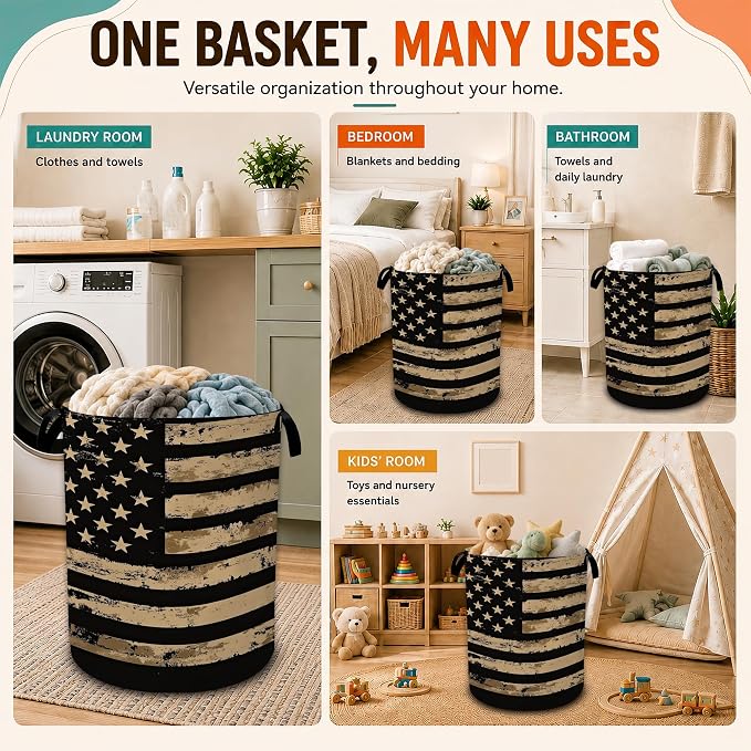 Vintage Flag Laundry Basket,Foldable Oxford Laundry Hamper with Handles,Collapsible Clothes Storage Bucket Tote Bag for Laundry Room,Bathroom,Bedroom,Dorm - Image 7